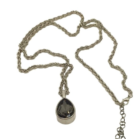 Long Length Pendant Necklace Faceted Smokey Engineered Quartz Silver Tone Chain - Picture 2 of 2